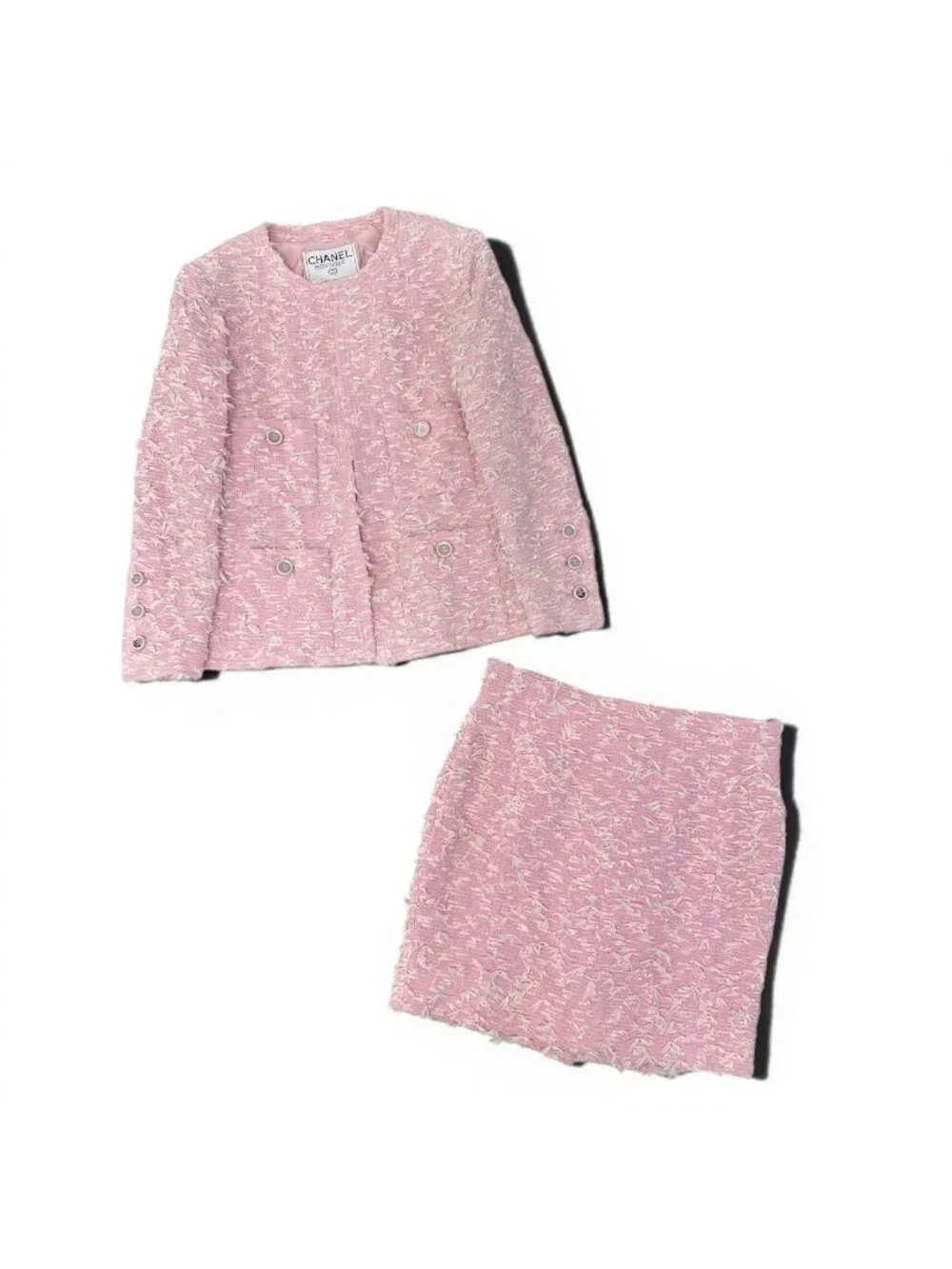 Chanel Boutique Fancy Tweed Jacket Pockets CC Logo Mirror Button Pink